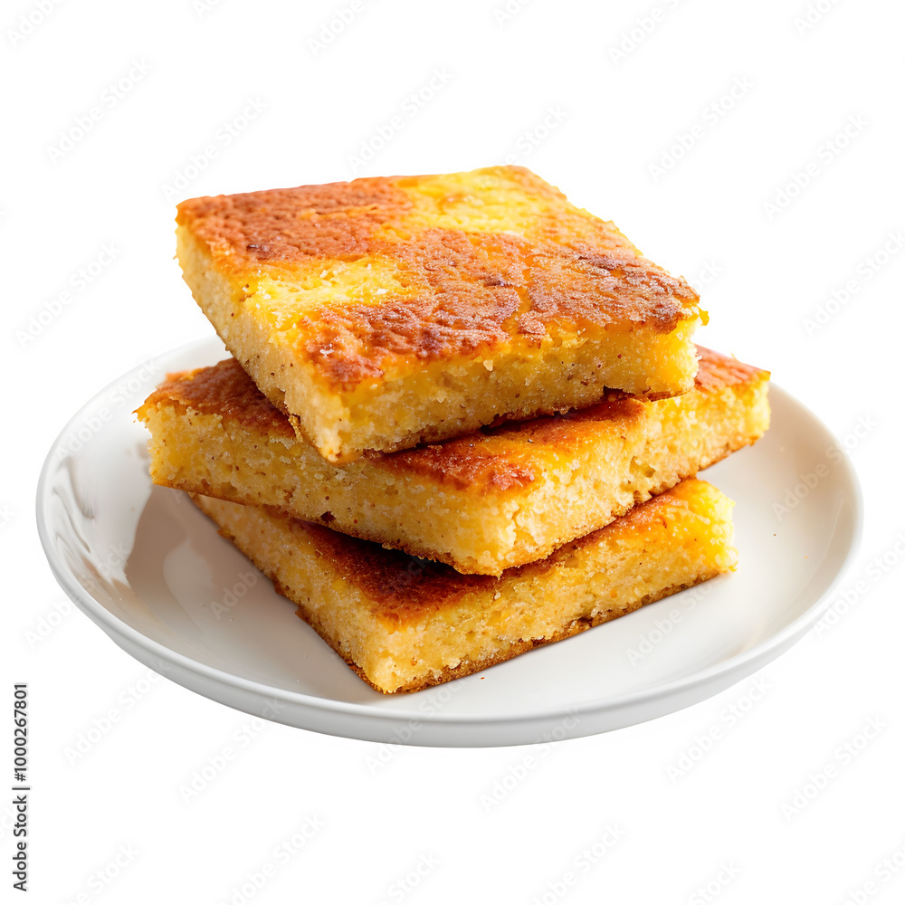 Three golden-brown cornbread squares stacked on a white plate, showcasing a delicious homemade treat perfect for breakfast or snacking Three golden-brown cornbread squares stacked on a white plate, showcasing a delicious homemade treat perfect for breakfast or snacking