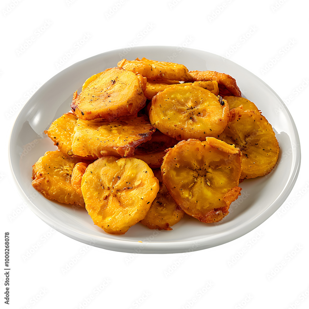 Serving of crunchy, golden plantain chips placed neatly on a clean white plate, set against a clear background for simple inclusion in different projects Serving of crunchy, golden plantain chips placed neatly on a clean white plate, set against a clear background for simple inclusion in different projects