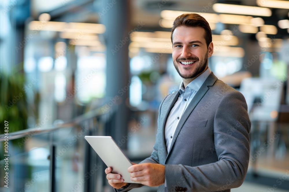 Happy young White business man executive holding tablet at the office. , background blur Happy young White business man executive holding tablet at the office. , background blur