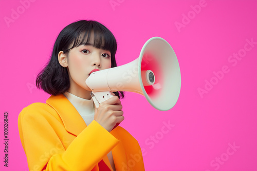 Interested in news. Excited pretty girl shouting at loudspeaker, isolated on pastel background. Concept of emotions, facial expression, youth, inspiration, sales.