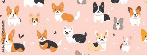 Seamless pattern of cute cartoon dogs on a pink background.
