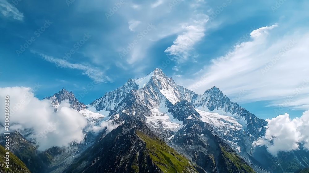 Fototapeta premium A time-lapse of seasonal weather changes in a mountain range, where the snow-covered peaks gradually give way to sunny skies and blooming flowers