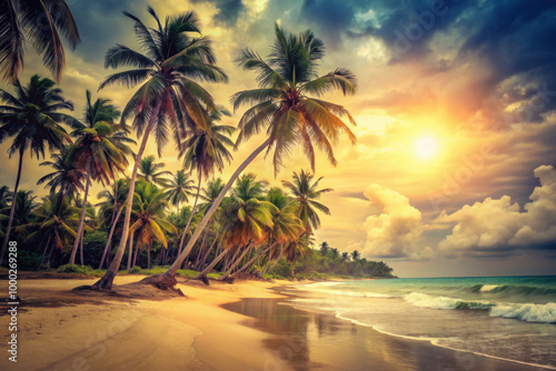 Wallpaper Mural Golden sunset illuminating swaying palm trees along a serene tropical beach while waves gently lap at the shore. Generative AI Torontodigital.ca