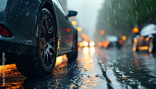 Rain-soaked car wheel and tire captured in close-up on a wet road photo