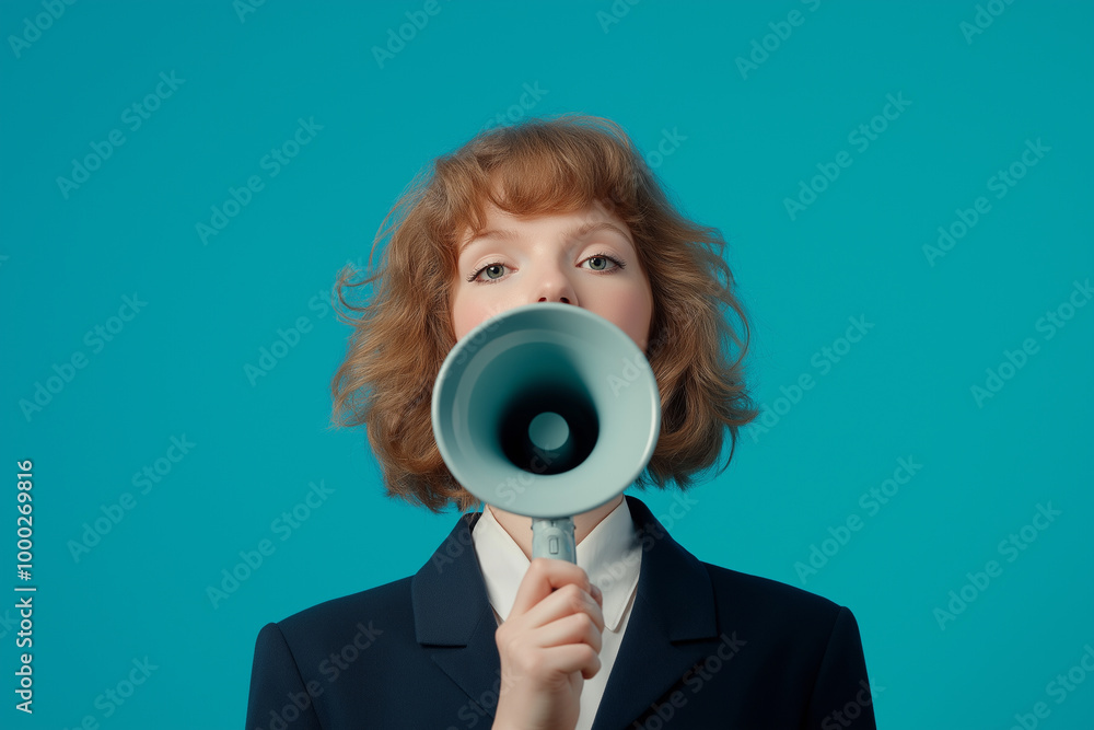 Interested in news. Excited pretty girl shouting at loudspeaker, isolated on pastel background. Concept of emotions, facial expression, youth, inspiration, sales. Interested in news. Excited pretty girl shouting at loudspeaker, isolated on pastel background. Concept of emotions, facial expression, youth, inspiration, sales.