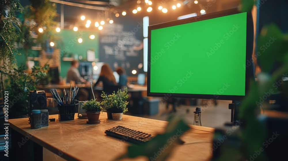 Modern Office Workspace With Green Screen Monitor Modern Office Workspace With Green Screen Monitor
