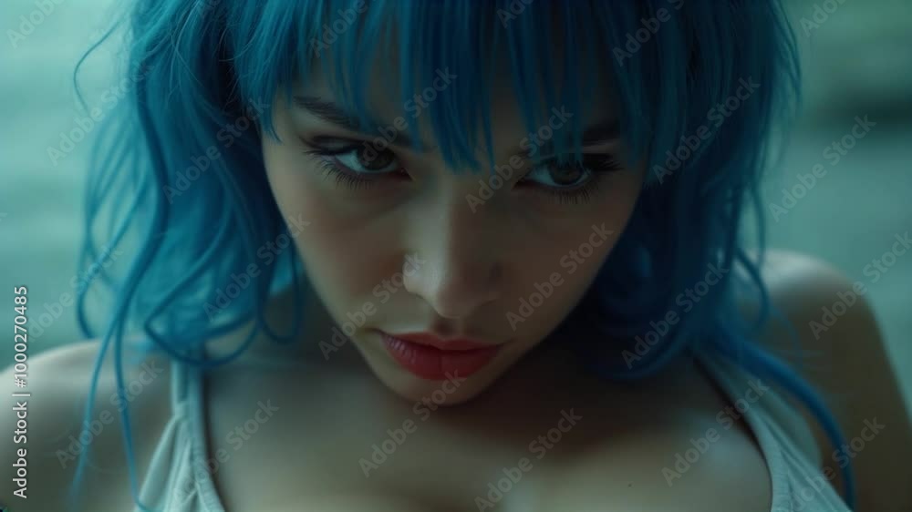 Close-up animation of a woman with blue hair in different expressions. Close-up animation of a woman with blue hair in different expressions.