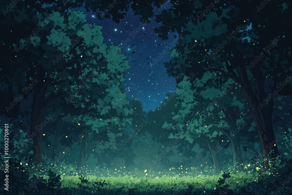 Fototapeta premium A Nighttime Forest with Fireflies and a Starry Sky