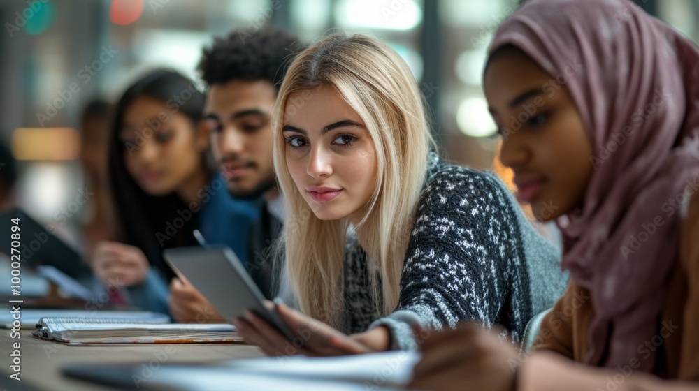Diverse group of students studying together in a modern classroom Diverse group of students studying together in a modern classroom
