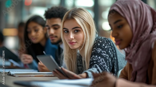 Diverse group of students studying together in a modern classroom