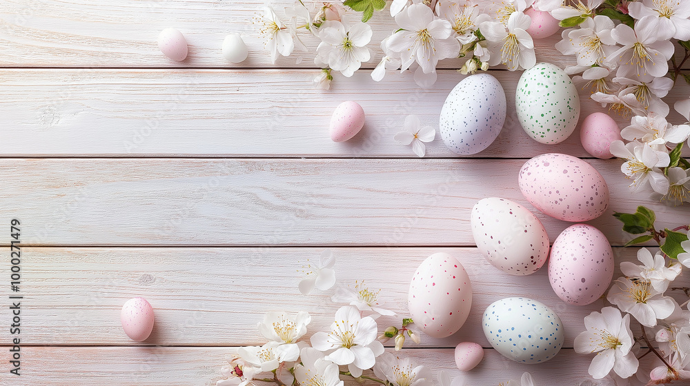 Easter eggs and spring flowers on a wooden background with delicate pastel colors top view Easter eggs and spring flowers on a wooden background with delicate pastel colors top view