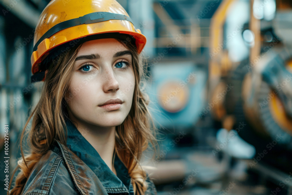 The girl in the helmet at the factory. A female technician in a factory worker's uniform. The girl in the helmet at the factory. A female technician in a factory worker's uniform.