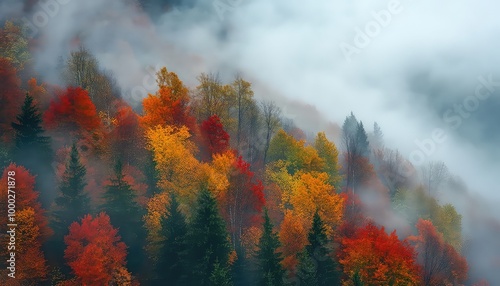 Misty Autumn Forest with Colorful Trees and Fog