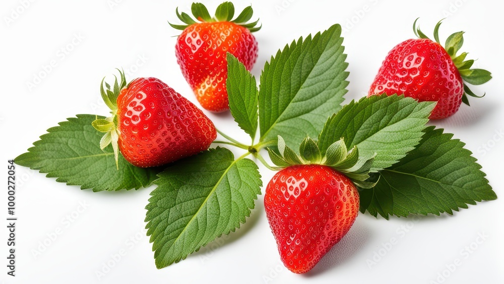 A cluster of fresh strawberries with green leaves on a white background. A cluster of fresh strawberries with green leaves on a white background.