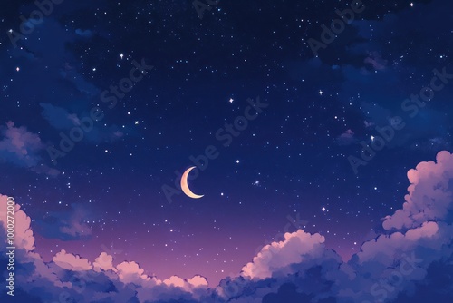 A crescent moon and scattered stars above a field of fluffy clouds