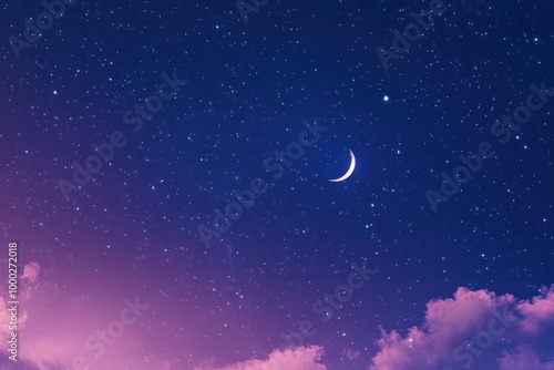 Crescent Moon and Stars Against a Night Sky with Pink Clouds