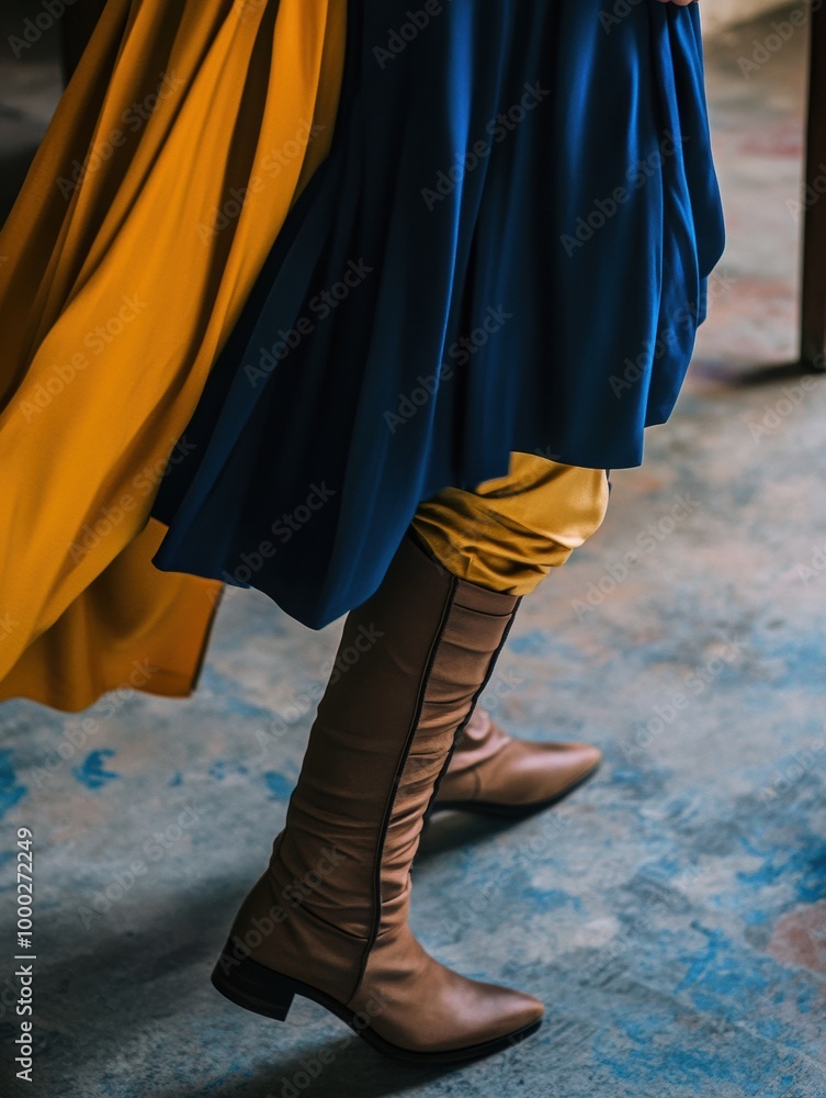 Fototapeta premium Elegant Fashion Dynamics: Flowing Blue and Yellow Drapes with Boots