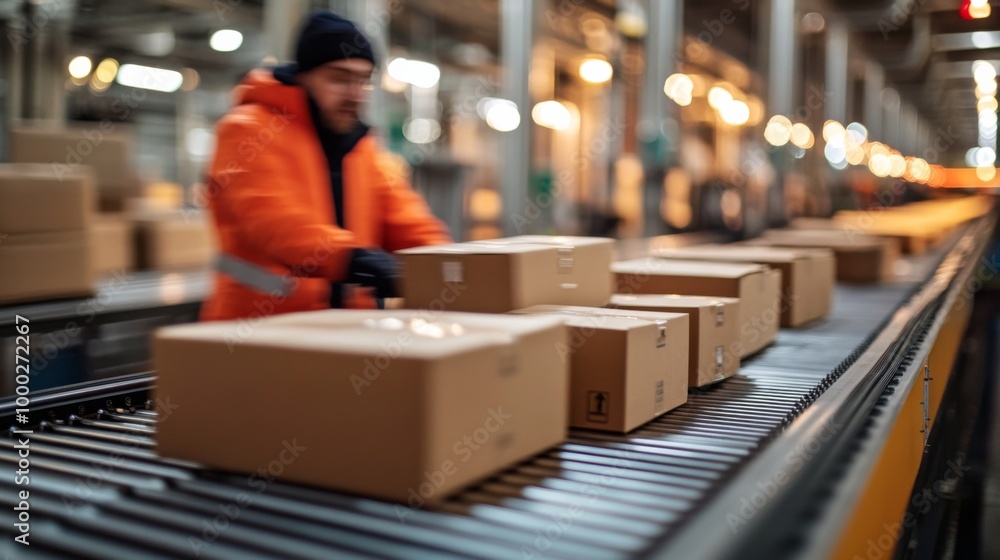 Warehouse Logistics Worker with Conveyor Belt and Packages Warehouse Logistics Worker with Conveyor Belt and Packages
