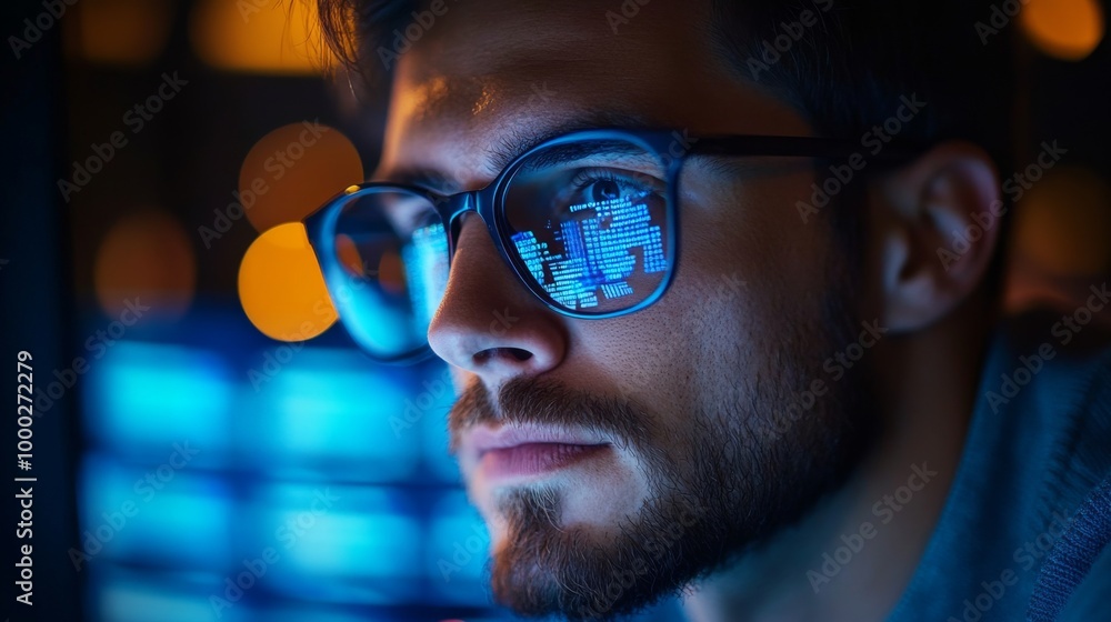 Young Man Analyzing Data on Computer Screen Young Man Analyzing Data on Computer Screen