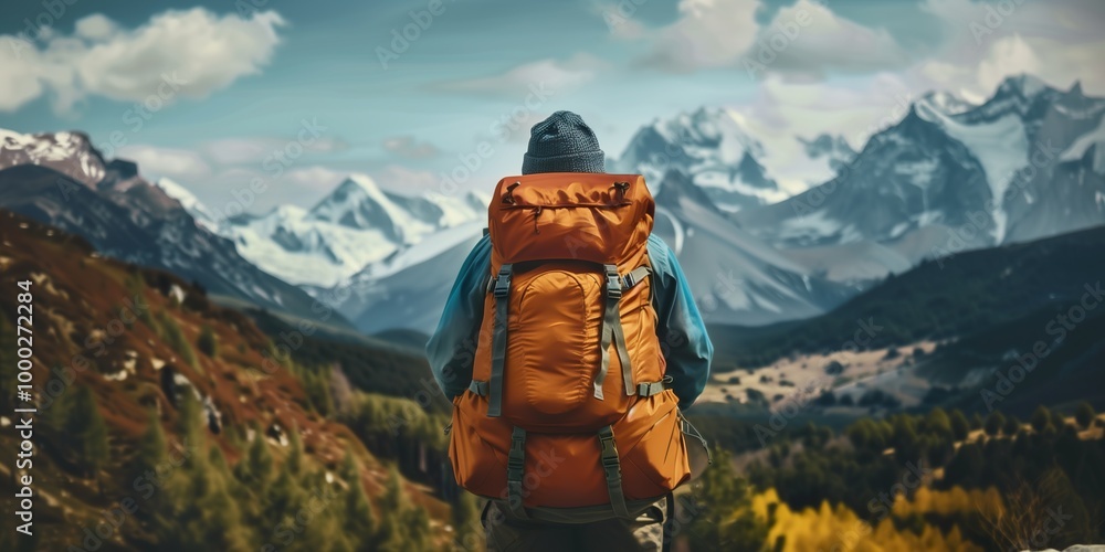 Tourist with backpack standing on a mountain trail, gazing at snow-covered peaks under a cloudy sky Tourist with backpack standing on a mountain trail, gazing at snow-covered peaks under a cloudy sky