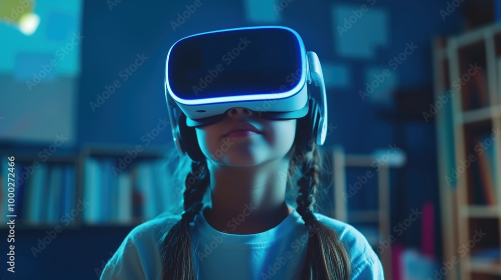 Young Student Exploring Virtual Reality with VR Headset in a Learning Environment Young Student Exploring Virtual Reality with VR Headset in a Learning Environment