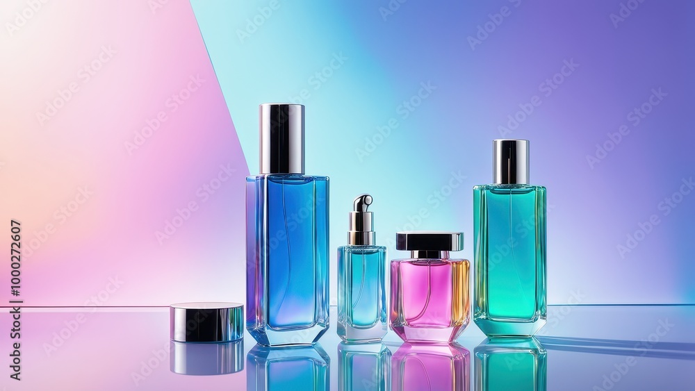 A collection of colorful perfume bottles displayed artistically against a gradient background. A collection of colorful perfume bottles displayed artistically against a gradient background.