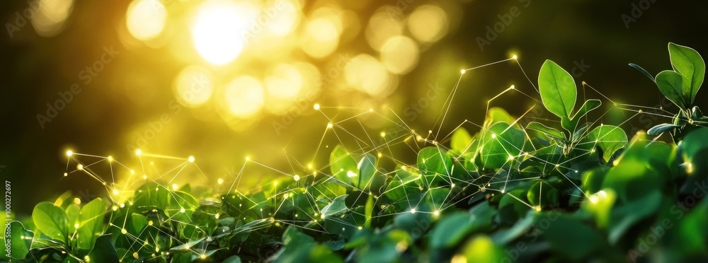 Abstract green leaves with glowing lines, symbolizing a digital network in nature. Abstract green leaves with glowing lines, symbolizing a digital network in nature.