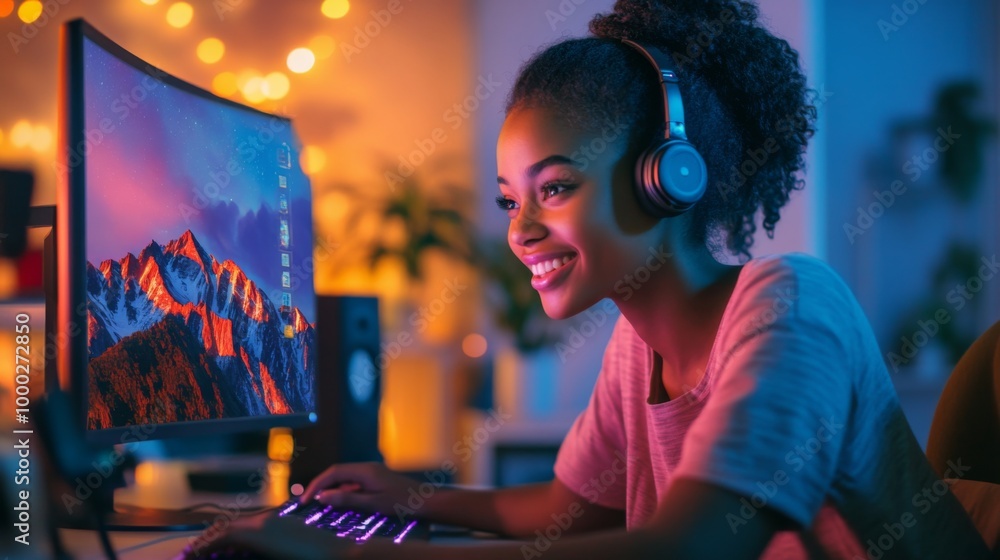 Smiling Woman Gaming at Computer Smiling Woman Gaming at Computer