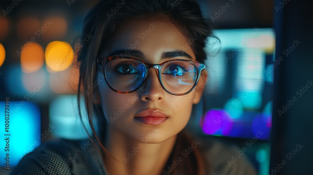Portrait of a Focused Young Woman in a Tech Environment Portrait of a Focused Young Woman in a Tech Environment