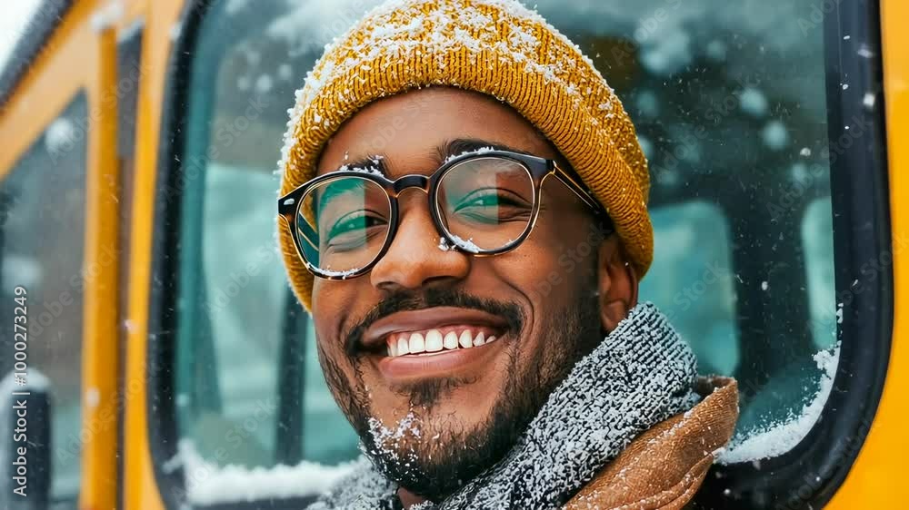A young Black man with glasses and a yellow hat warmly smiles from inside a bus window as snowflakes gently fall outside. Wrapped in a grey scarf, he exudes joy on a chilly day.