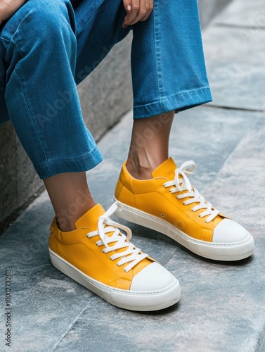 Casual Chic: Model in Yellow Sneakers and Denim Relaxed Fit