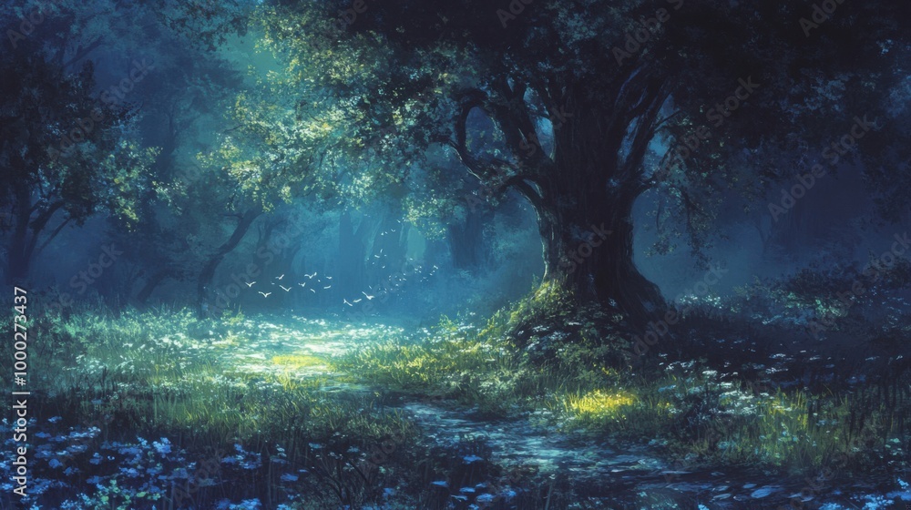 Enchanting Forest Scene Illuminated by Gentle Sunlight and Abundant Flora Enchanting Forest Scene Illuminated by Gentle Sunlight and Abundant Flora