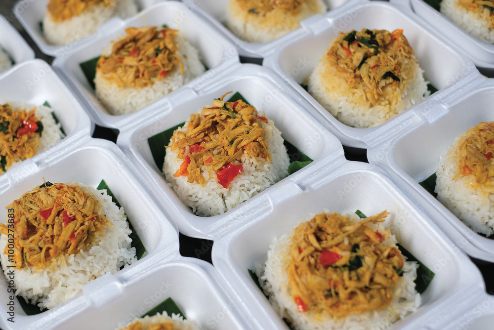 Boxed rice. Rows of packaged rice boxes, spicy seasoned shredded chicken. Boxed rice. Rows of packaged rice boxes, spicy seasoned shredded chicken.