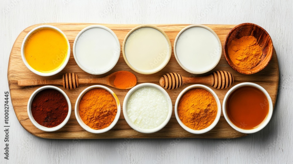 A top-down view of a golden milk preparation setup, with ingredients like turmeric, coconut milk, cinnamon, and honey neatly arranged on a wooden board A top-down view of a golden milk preparation setup, with ingredients like turmeric, coconut milk, cinnamon, and honey neatly arranged on a wooden board