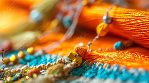 A vivid close-up of an intricate handmade textile with vibrant orange and teal threads interwoven with shiny, multicolored beads, showcasing the beauty of artisanal craftsmanship.