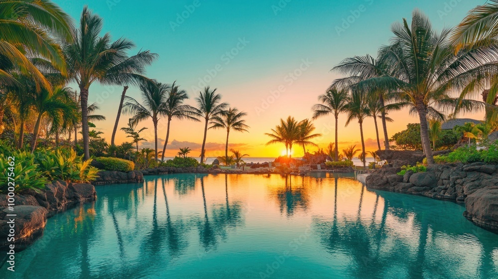 A serene sunset over a tropical lagoon, surrounded by palm trees and lush vegetation, reflecting the warm colors of the sky in the tranquil water. A serene sunset over a tropical lagoon, surrounded by palm trees and lush vegetation, reflecting the warm colors of the sky in the tranquil water.