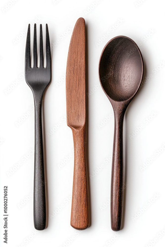 Wooden cutlery set: fork, knife and spoon. Isolated on white. Wooden cutlery set: fork, knife and spoon. Isolated on white.