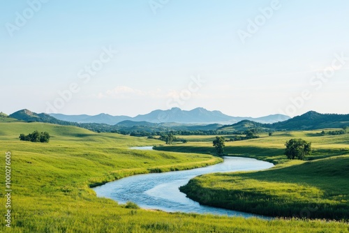 Serene River Winding Through Lush Green Valley with Distant Mountains