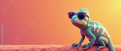 chameleon wearing sunglasses on a solid color background, vector art, digital art, faceted, minimal, abstract, panorama background.