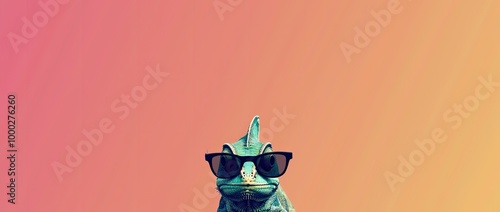 chameleon wearing sunglasses on a solid color background, vector art, digital art, faceted, minimal, abstract, panorama background.