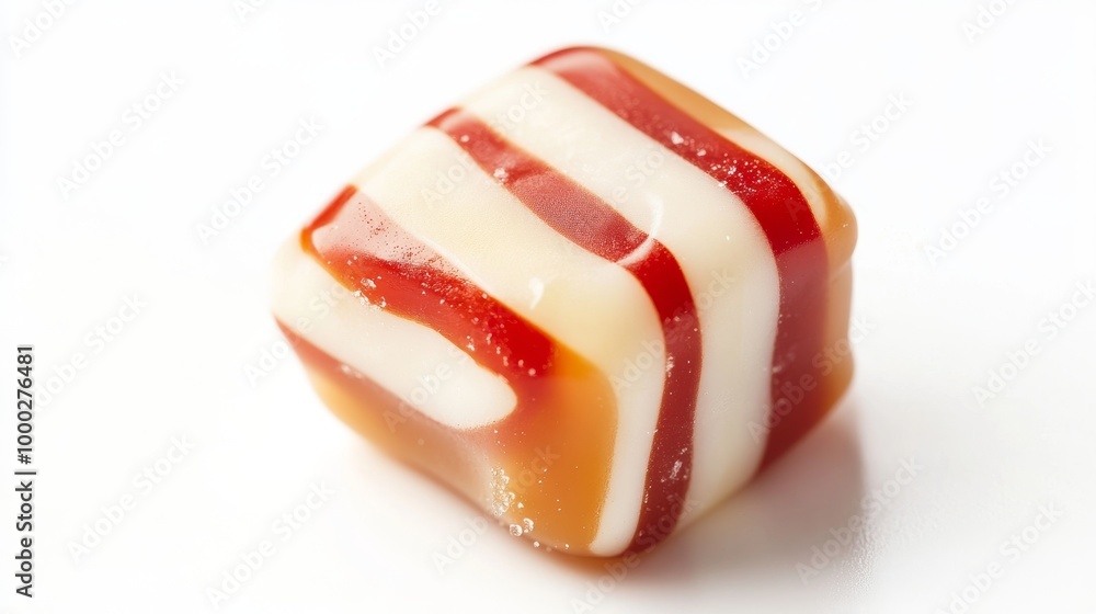 A delicious caramel candy, perfect for Christmas, with red and white stripes. It's shown against a plain white background.