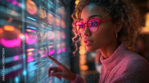  A focused woman in red glasses interacts with a large touchscreen displaying digital charts and data in a vibrant, tech-filled environment