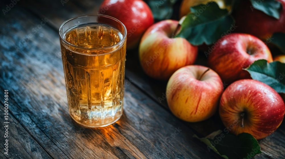 A glass of apple juice sits beside a few apples on a wooden tabletop. A glass of apple juice sits beside a few apples on a wooden tabletop.