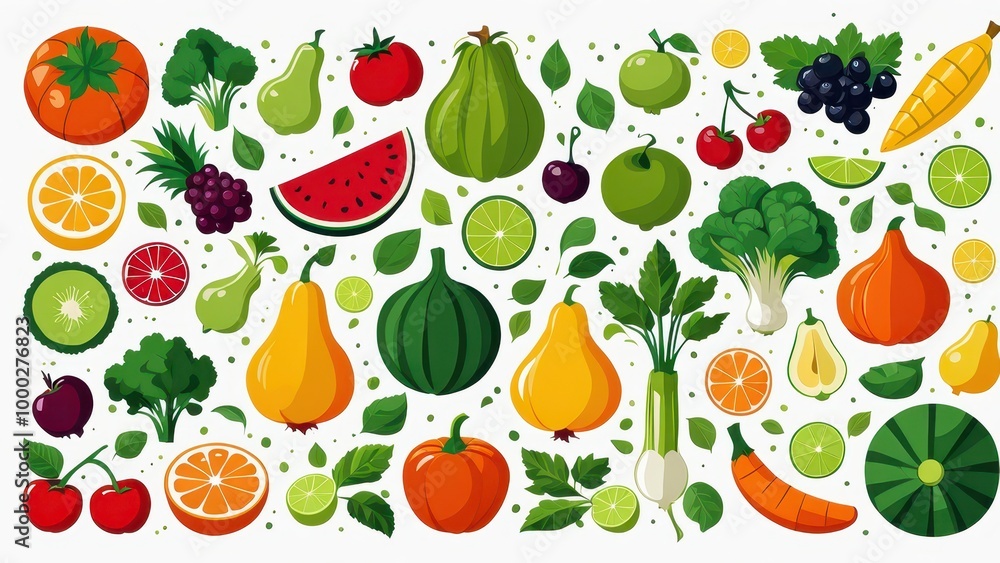 Obraz premium A colorful assortment of fruits and vegetables arranged artistically.