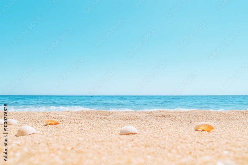 Seashells scattered on a sandy beach with blue ocean and sky in the background Seashells scattered on a sandy beach with blue ocean and sky in the background