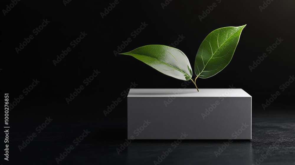 A green leaf and a white box are placed on a black background. A spotlight shines on the box, highlighting the product inside. This setup is ideal for showcasing products in a visually appealing way. A green leaf and a white box are placed on a black background. A spotlight shines on the box, highlighting the product inside. This setup is ideal for showcasing products in a visually appealing way.