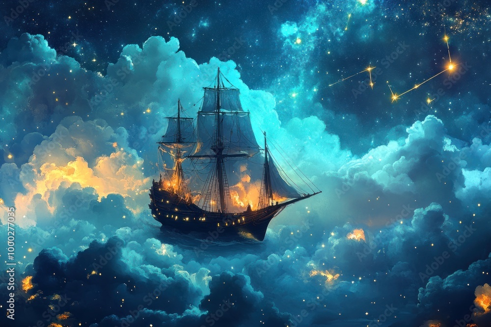 A Silhouette of a Sailboat Navigating Through a Starry Sky and Clouds A Silhouette of a Sailboat Navigating Through a Starry Sky and Clouds