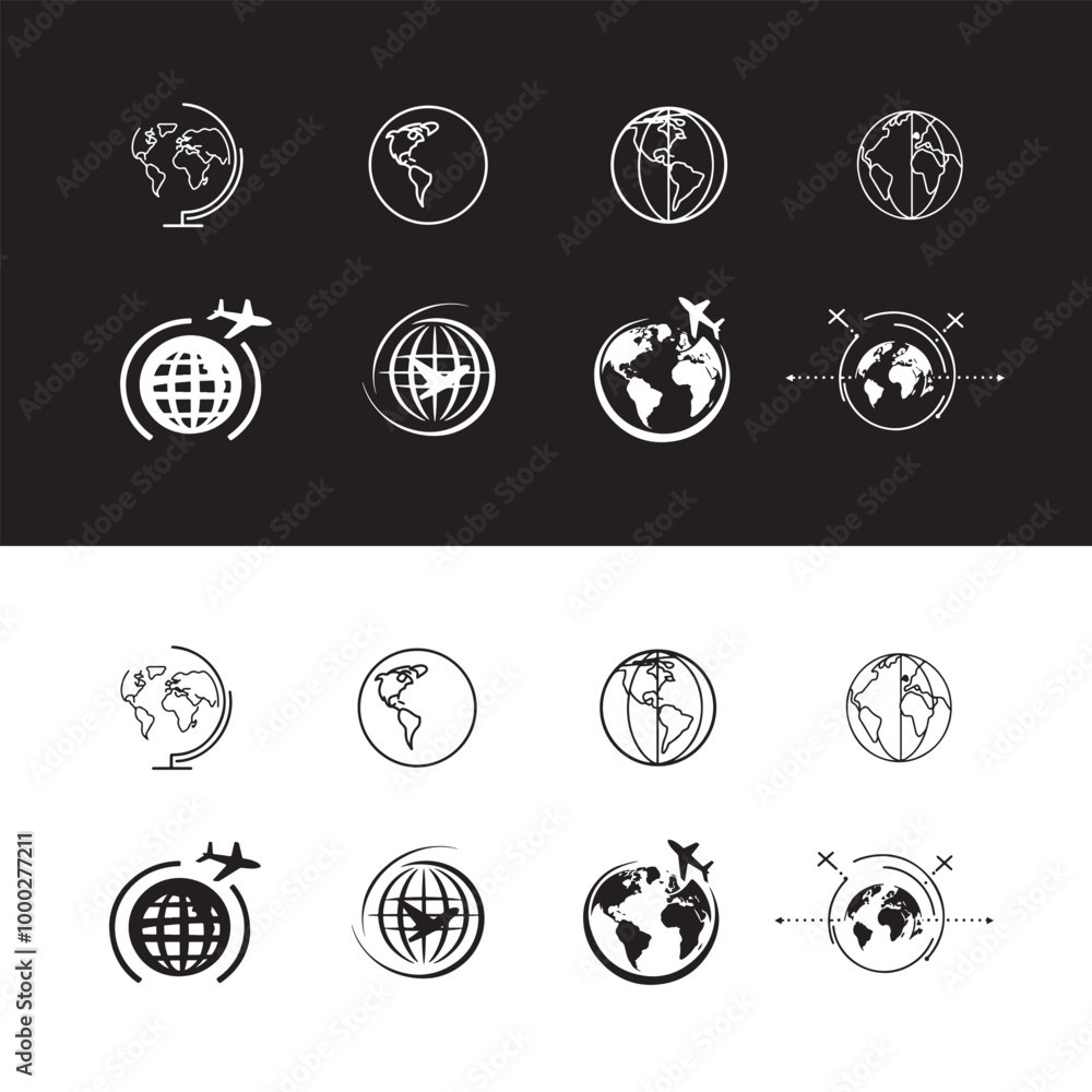 Minimalist Globe and Airplane Travel Logo Set Minimalist Globe and Airplane Travel Logo Set