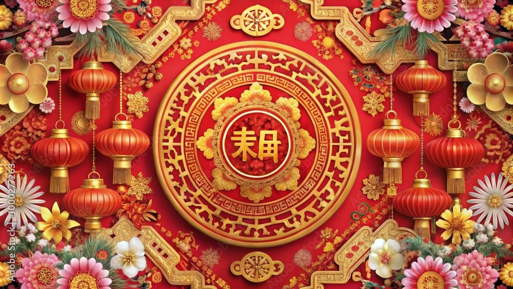 Red and gold Chinese New Year design with lanterns, flowers, and traditional symbols. Red and gold Chinese New Year design with lanterns, flowers, and traditional symbols.