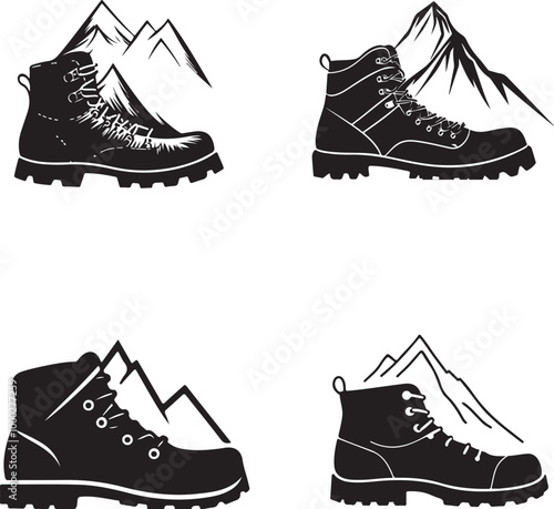 Minimalist Hiking Boots and Mountain Logo Set